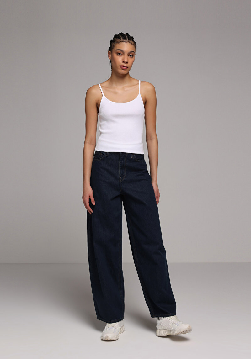 Baggy Fit Orta Bel Daralan Paça Kadın Dark İndigo Denim Jean Pantolon