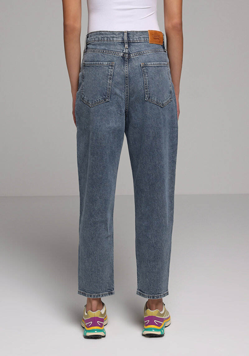 Mom Fit Kadın Mid İndigo Denim Jean Pantolon
