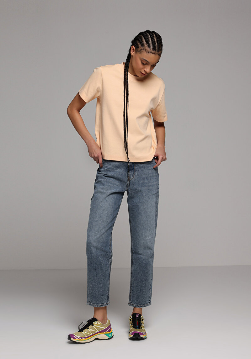 Mom Fit   Kadın Mid İndigo Denim Jean Pantolon