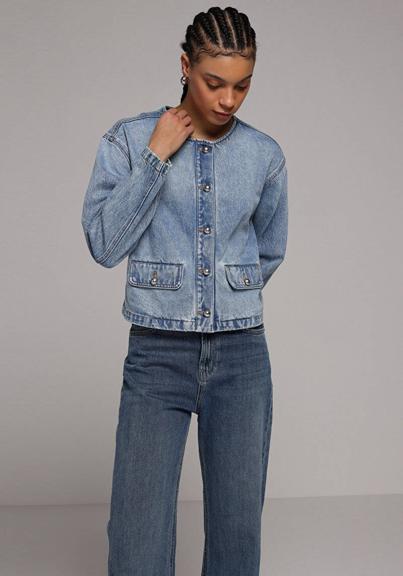 Regular Fit Düğmeli Astarsız  Kadın Mid İndigo Denim Ceket
