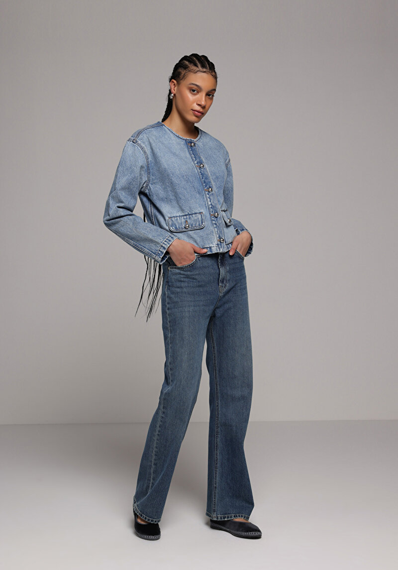 Regular Fit Düğmeli Astarsız  Kadın Mid İndigo Denim Ceket