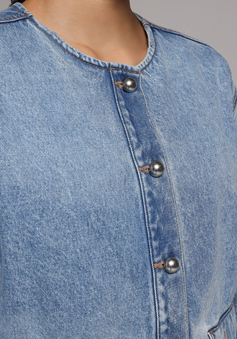 Regular Fit Düğmeli Astarsız  Kadın Mid İndigo Denim Ceket