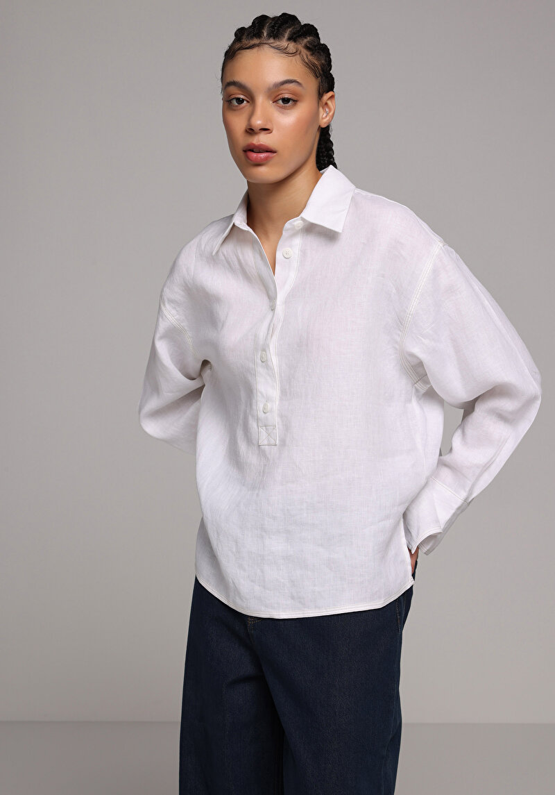 Fashion Fit Shirt Neck Düz Kadın Beyaz Uzun Kol Gömlek