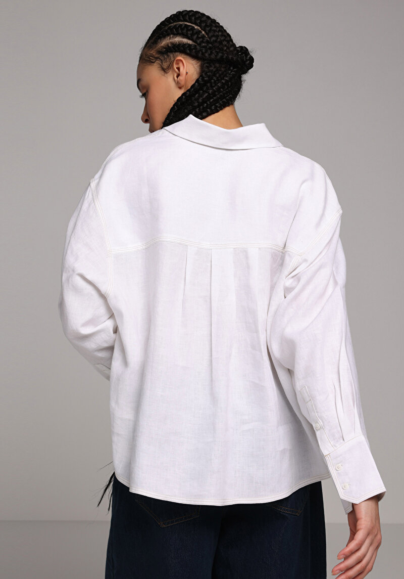 Fashion Fit Shirt Neck Düz Kadın Beyaz Uzun Kol Gömlek