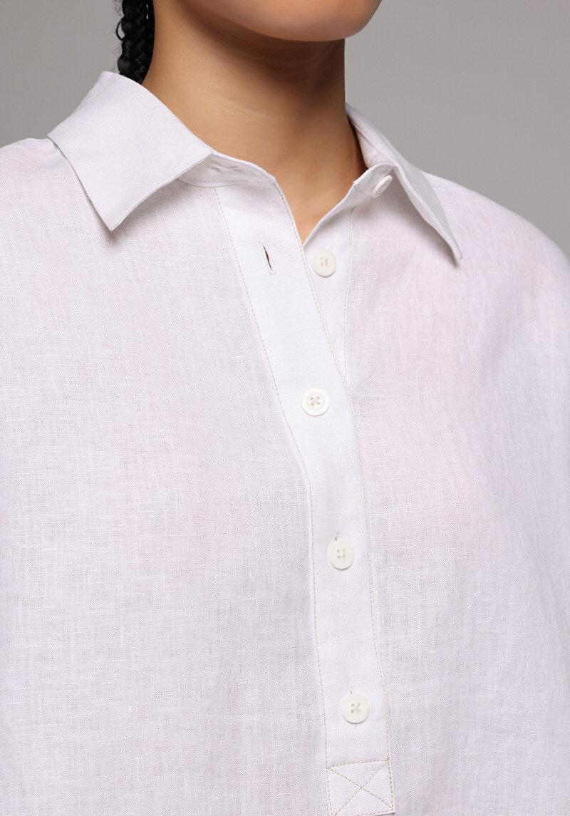 Fashion Fit Shirt Neck Düz Kadın Beyaz Uzun Kol Gömlek