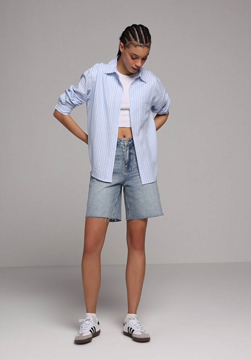 Regular Fit Yüksel Bel Düz Kadın Light İndigo Denim Jean Şort