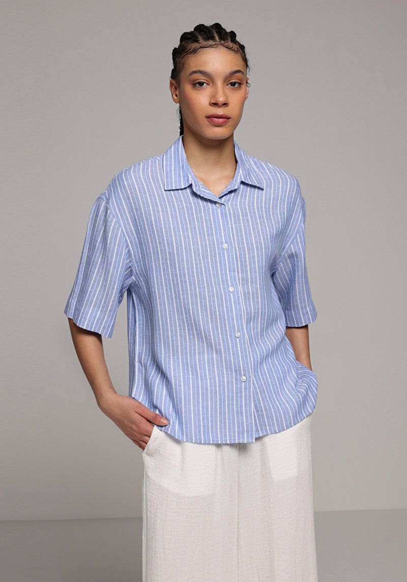 Fashion Fit Shirt Neck Çizgili Kadın Mavi Kısa Kol Gömlek