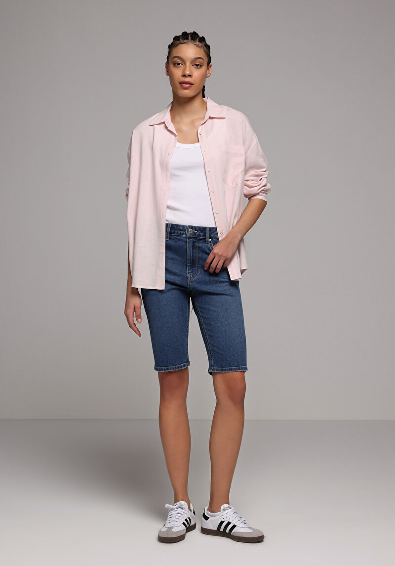 Slim Fit Yüksel Bel Düz Kadın Mid İndigo Denim Jean Şort