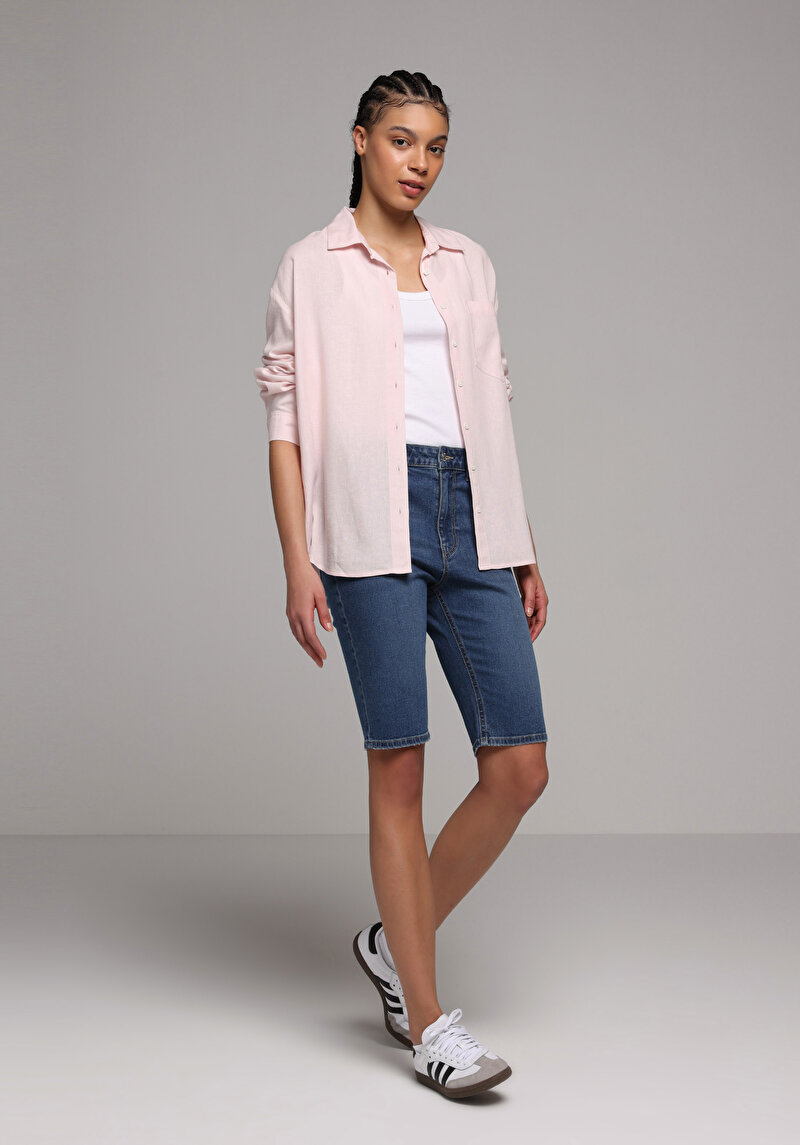 Slim Fit Yüksel Bel Düz Kadın Mid İndigo Denim Jean Şort