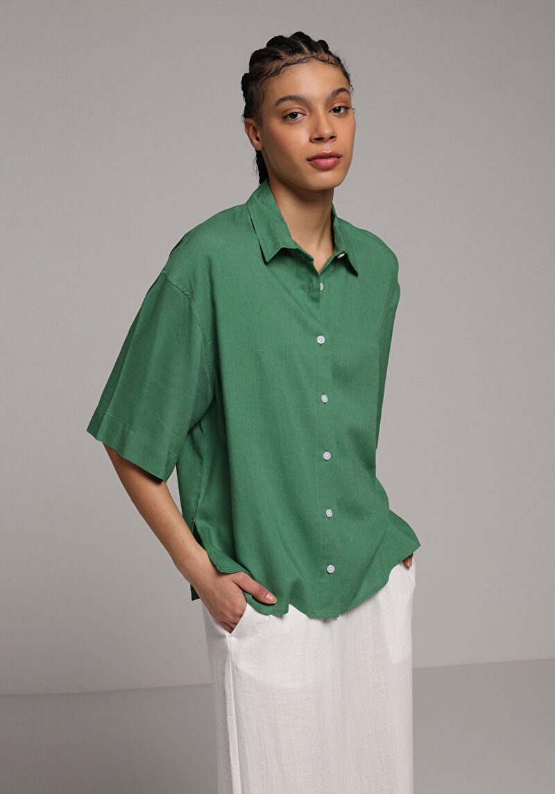 Fashion Fit Shirt Neck Düz Kadın Yeşil Kısa Kol Gömlek