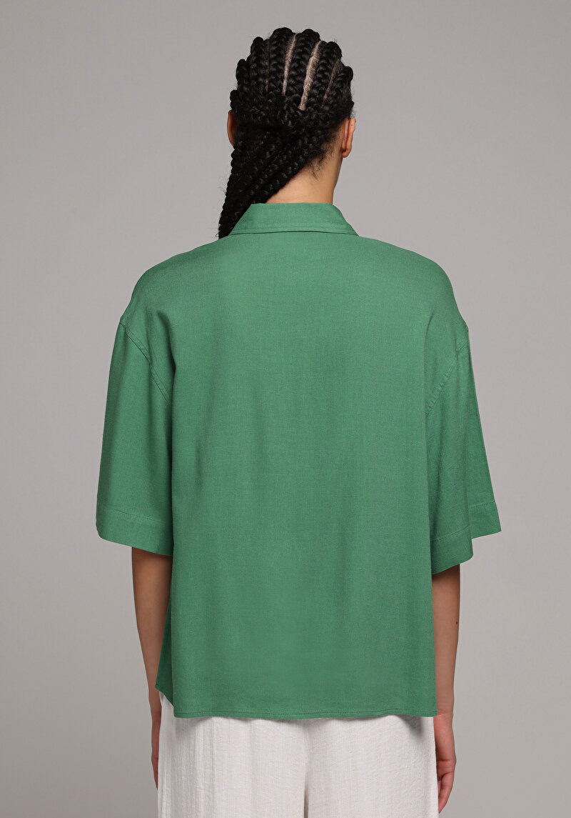 Fashion Fit Shirt Neck Düz Kadın Yeşil Kısa Kol Gömlek