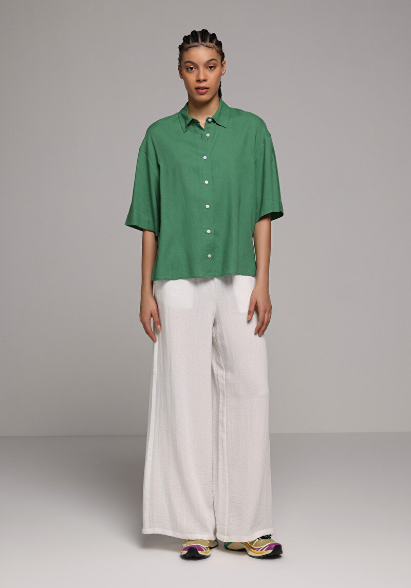 Fashion Fit Shirt Neck Düz Kadın Yeşil Kısa Kol Gömlek