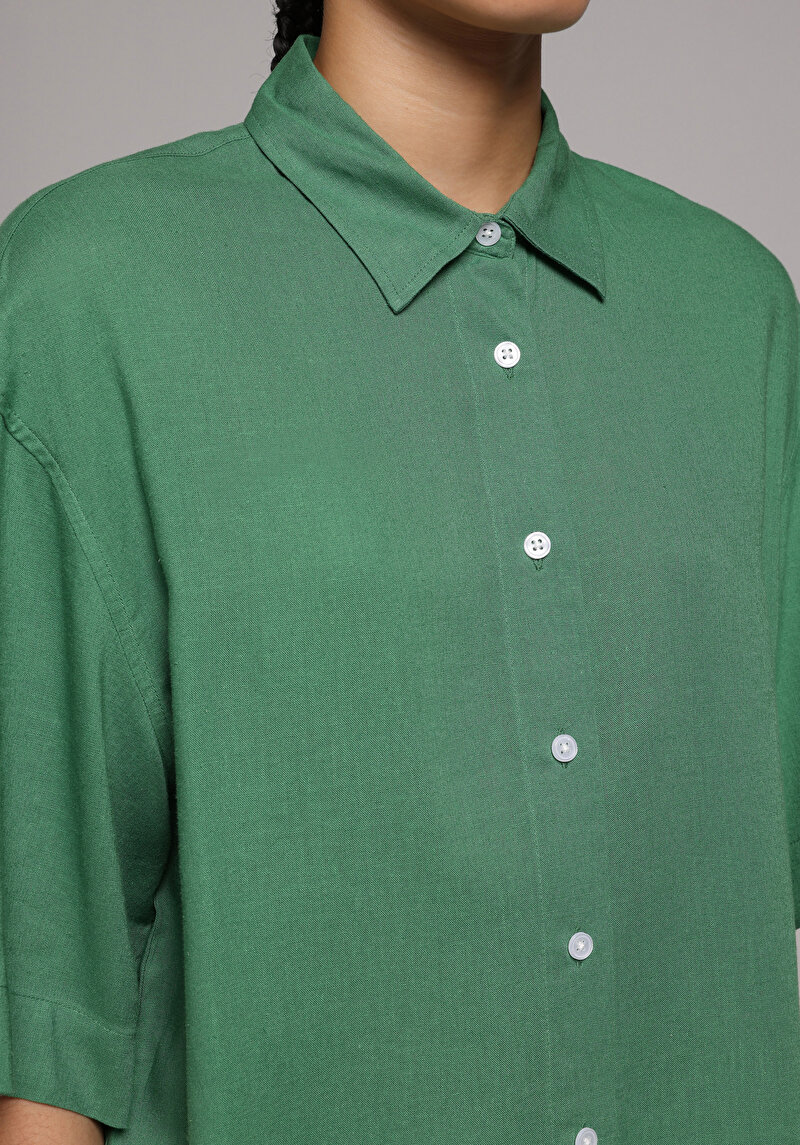 Fashion Fit Shirt Neck Düz Kadın Yeşil Kısa Kol Gömlek