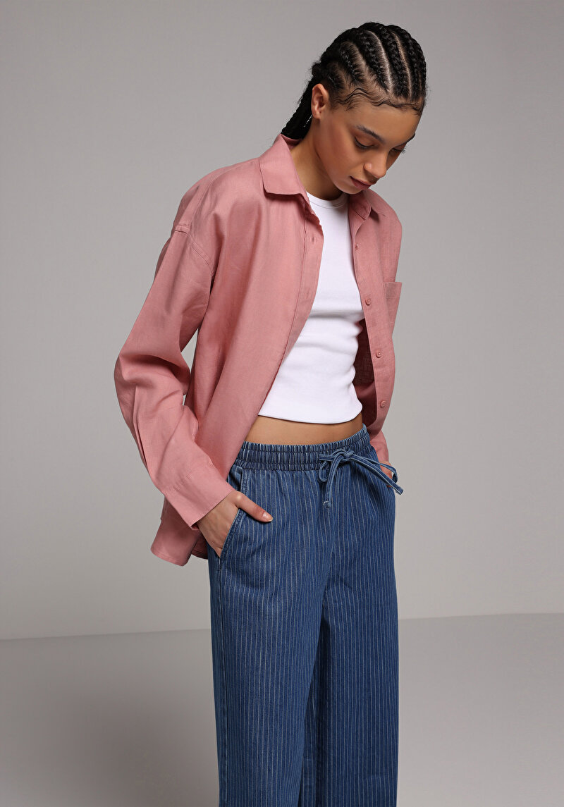 Boyfriend Fit Shirt Neck Düz Kadın Turuncu Uzun Kol Gömlek