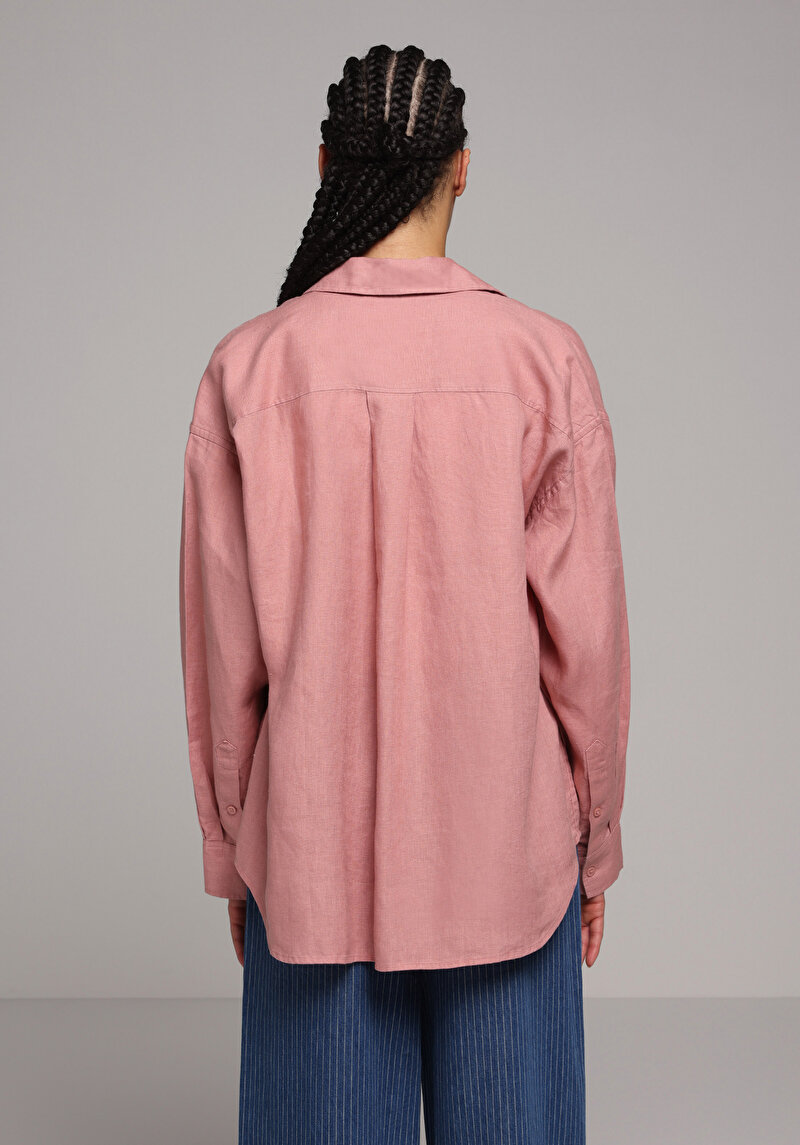 Boyfriend Fit Shirt Neck Düz Kadın Turuncu Uzun Kol Gömlek