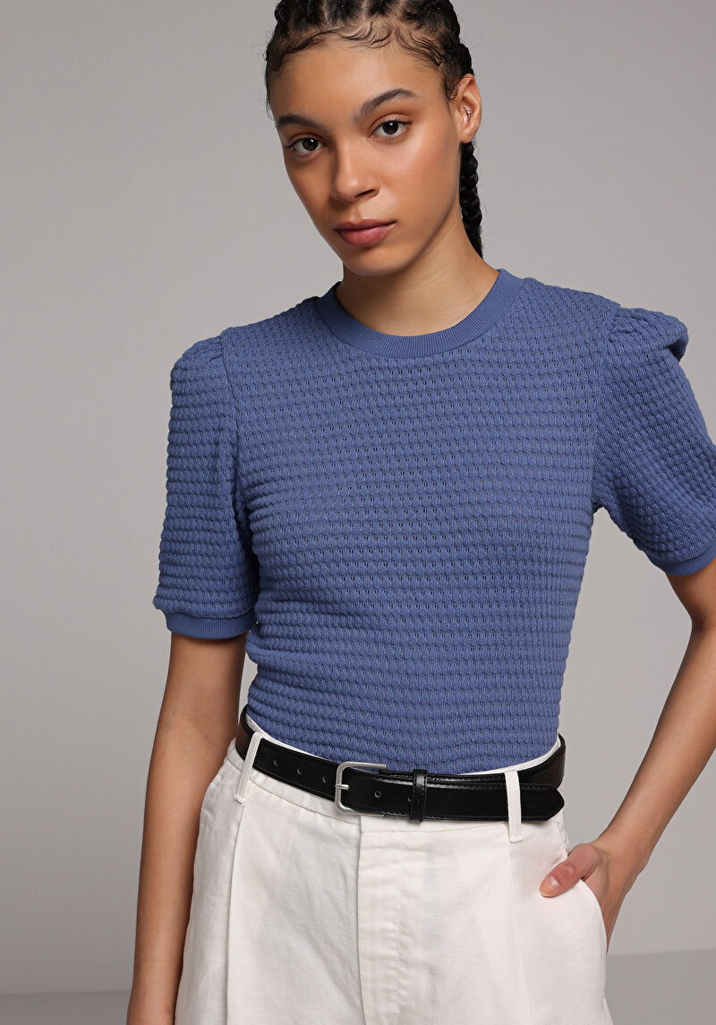 Slim Fit Yuvarlak Yaka Düz Kadın Mavi Kısa Kol Tişört