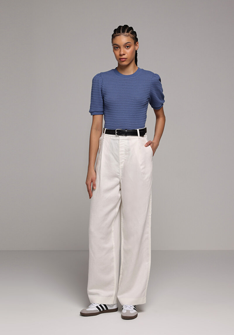 Slim Fit Yuvarlak Yaka Düz Kadın Mavi Kısa Kol Tişört