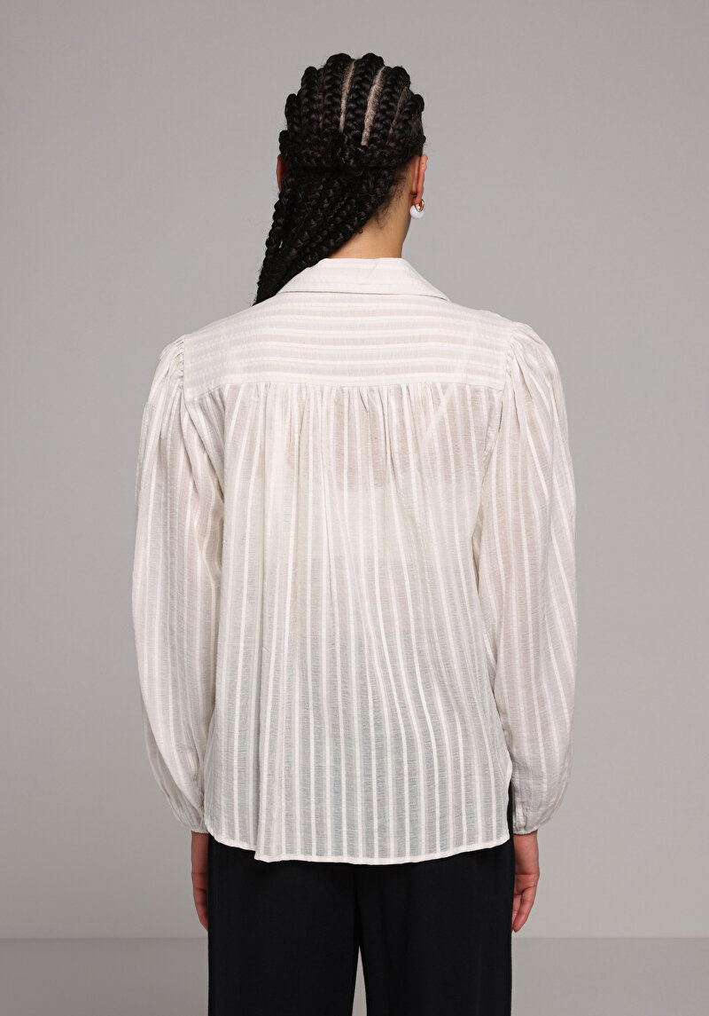 Fashion Fit Shirt Neck Jakarlı Kadın Ekru Uzun Kol Gömlek