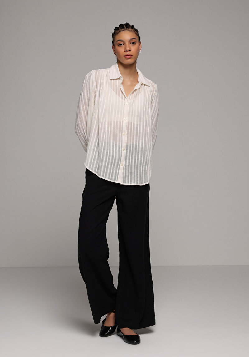 Fashion Fit Shirt Neck Jakarlı Kadın Ekru Uzun Kol Gömlek