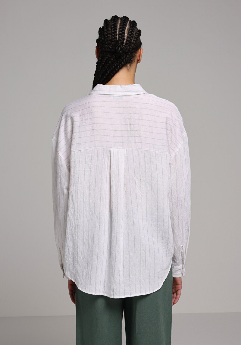 Fashion Fit Shirt Neck Çizgili Kadın Beyaz Uzun Kol Gömlek