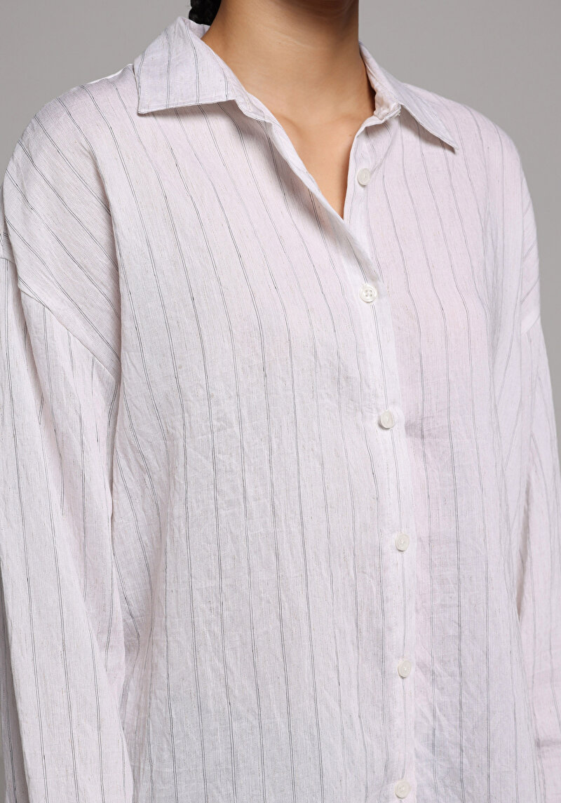 Fashion Fit Shirt Neck Çizgili Kadın Beyaz Uzun Kol Gömlek