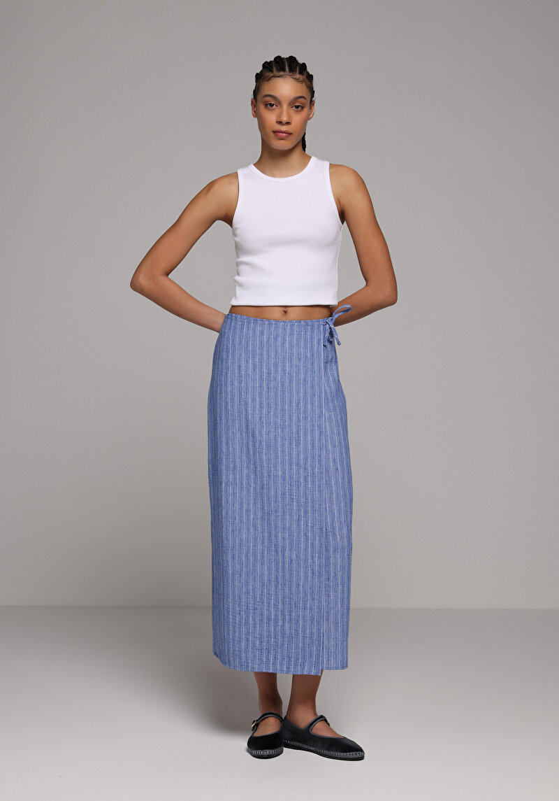 Midi Çizgili Kadın Mavi Etek