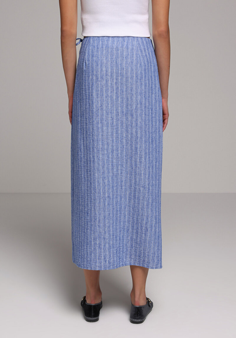Midi Çizgili  Kadın Mavi Etek