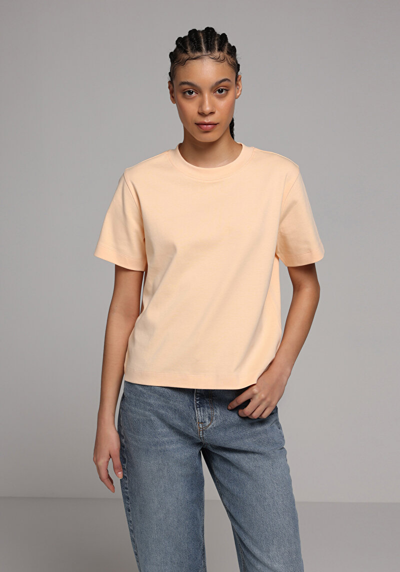 Boxy Fit Yuvarlak Yaka Düz Kadın Turuncu Kısa Kol Tişört