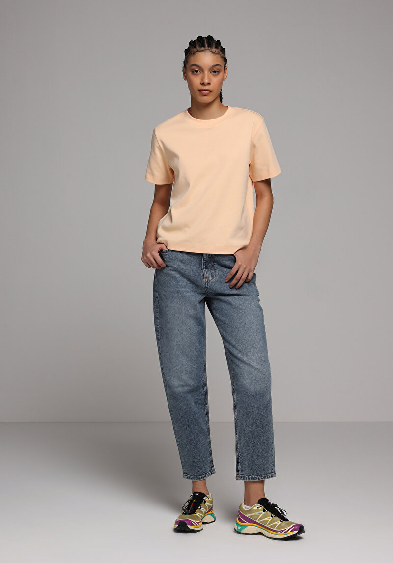 Boxy Fit Yuvarlak Yaka Düz Kadın Turuncu Kısa Kol Tişört