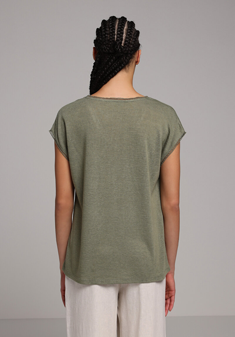 Regular Fit V Yaka Düz Kadın Yeşil Kısa Kol Tişört