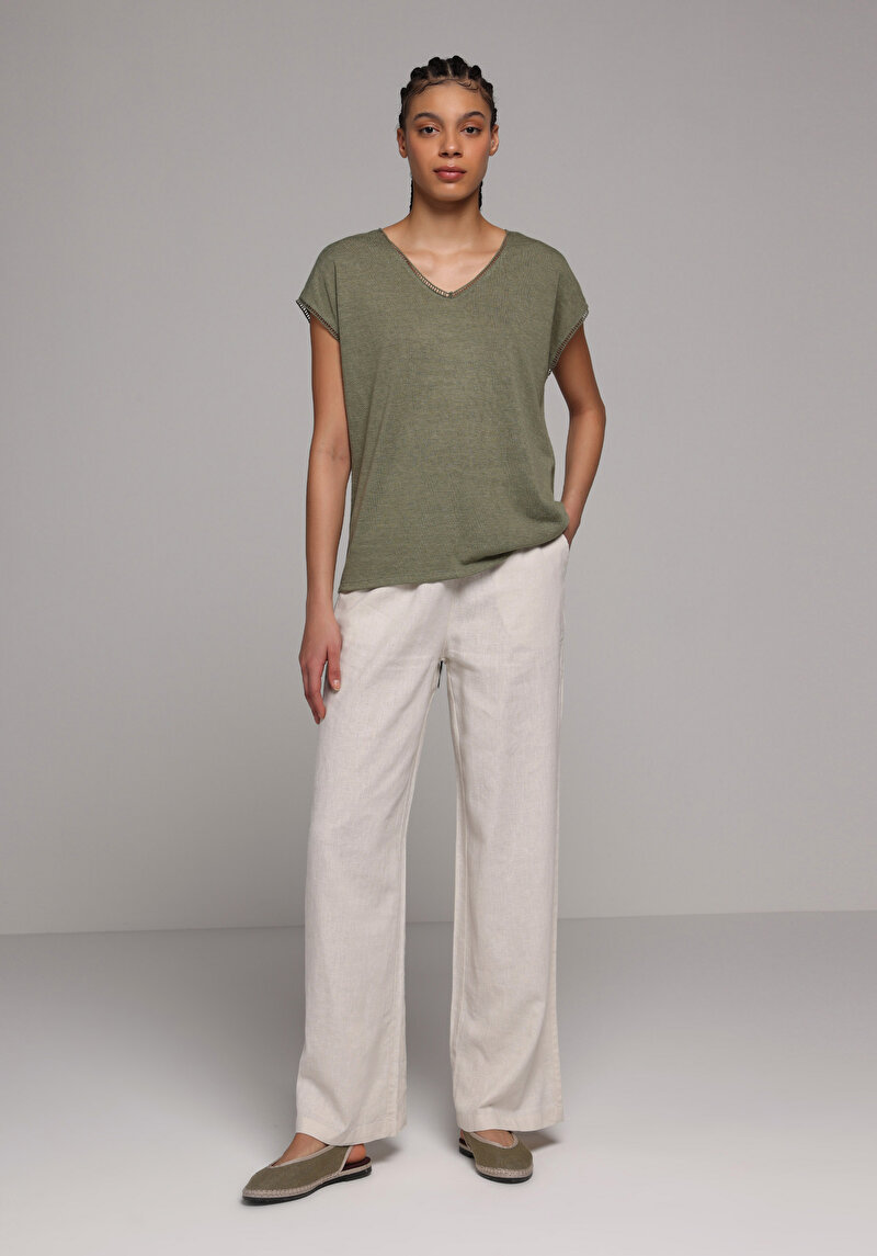 Regular Fit V Yaka Düz Kadın Yeşil Kısa Kol Tişört