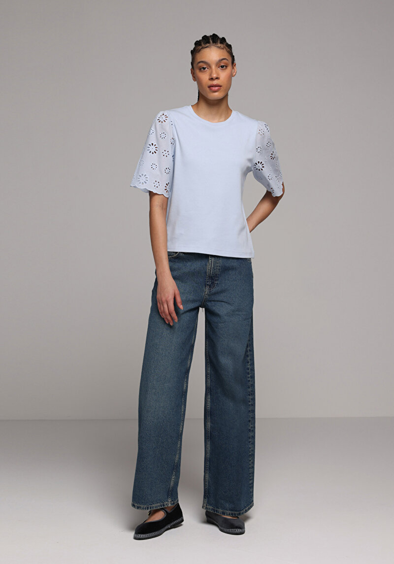 Regular Fit Yuvarlak Yaka Düz Kadın Mavi Kısa Kol Tişört