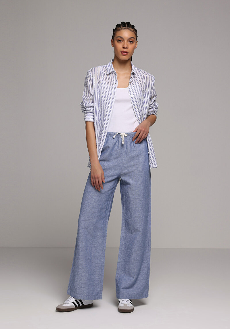 Regular Fit Yüksel Bel Geniş Paça Kadın İndigo  Pantolon