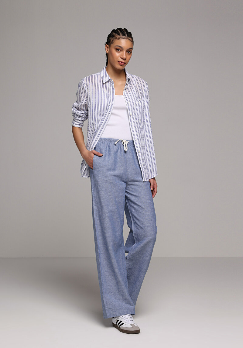 Regular Fit Yüksel Bel Geniş Paça Kadın İndigo Pantolon