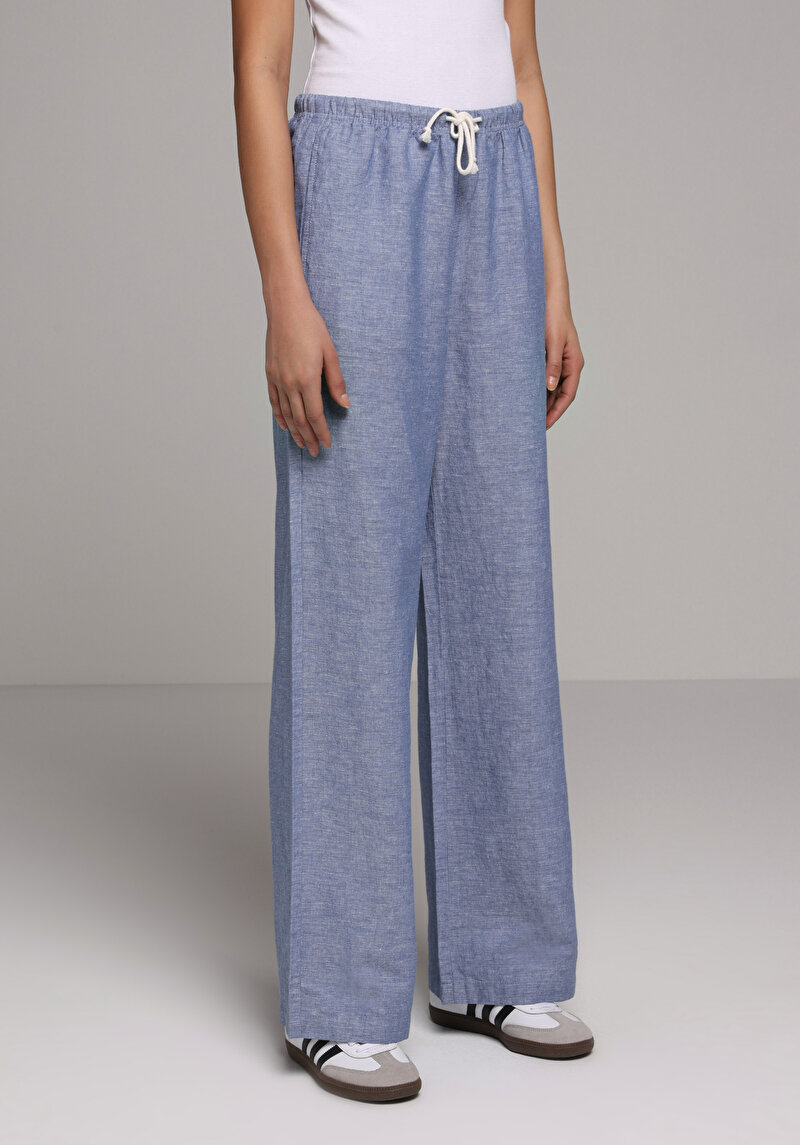 Regular Fit Yüksel Bel Geniş Paça Kadın İndigo  Pantolon