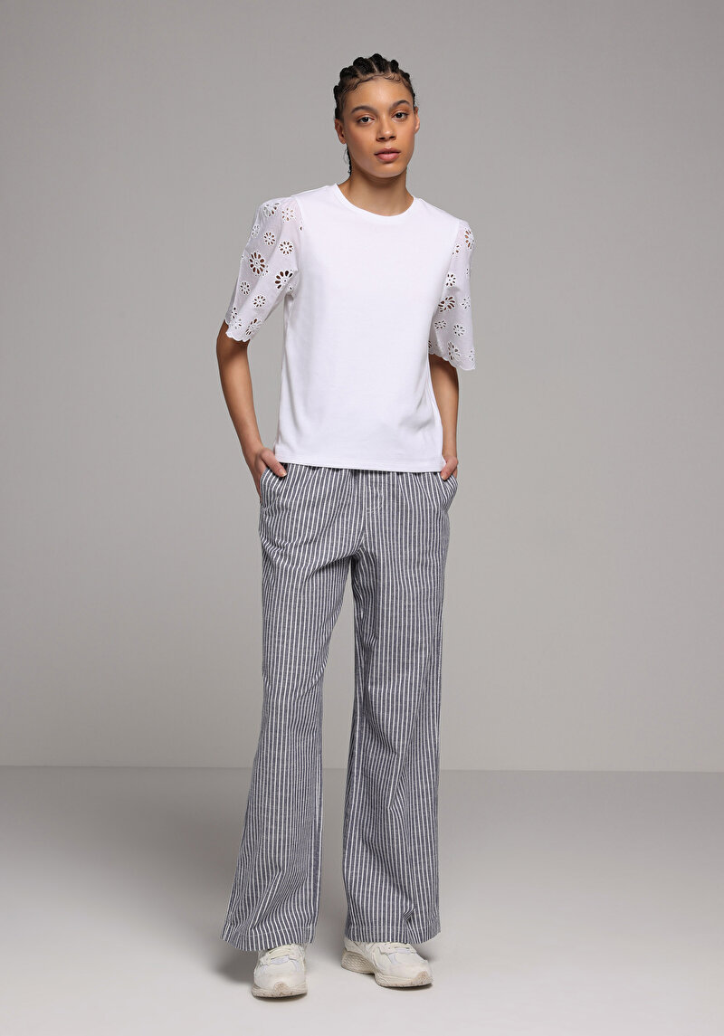 Regular Fit Yüksel Bel Geniş Paça Kadın Ekru Pantolon