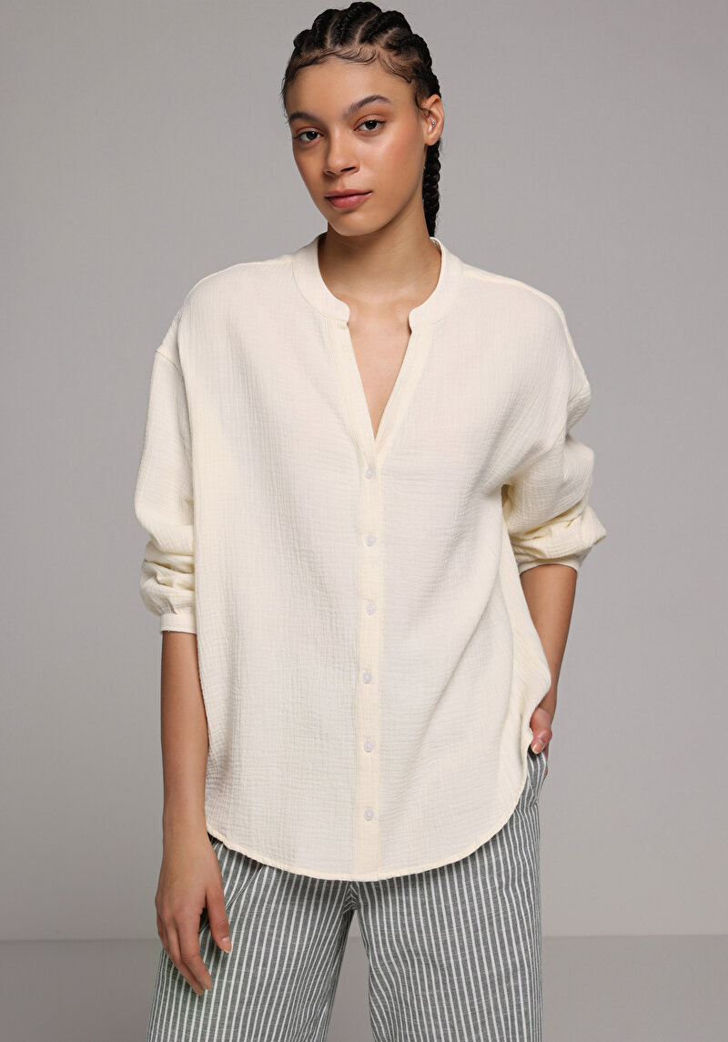 Fashion Fit Yuvarlak Yaka Düz Kadın Sari Uzun Kol Gömlek