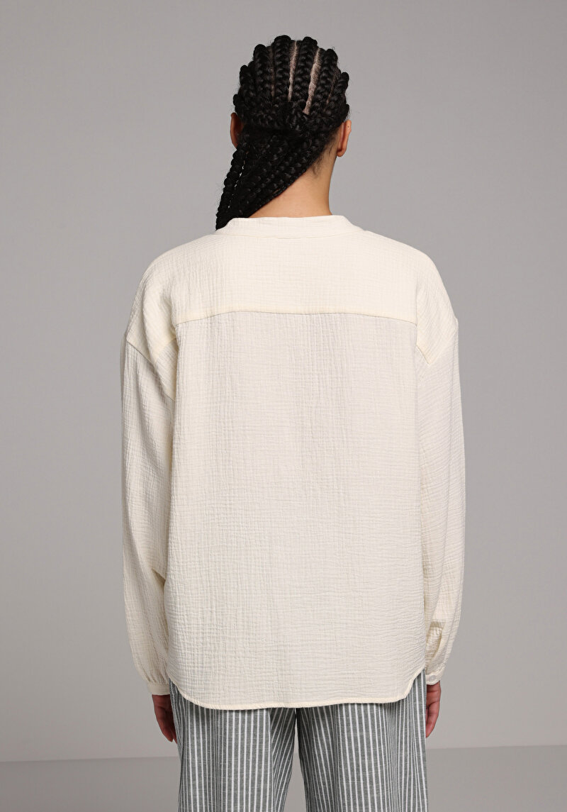 Fashion Fit Yuvarlak Yaka Düz Kadın Sari Uzun Kol Gömlek