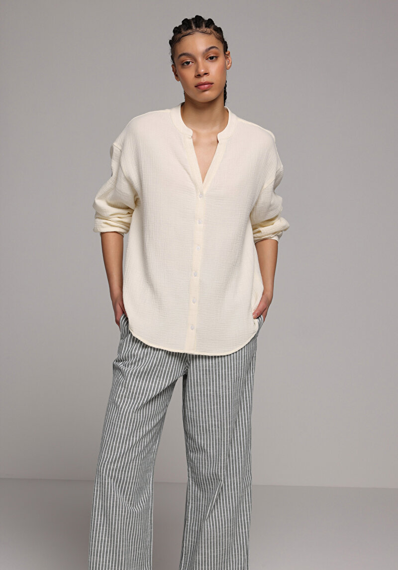 Fashion Fit Yuvarlak Yaka Düz Kadın Sari Uzun Kol Gömlek