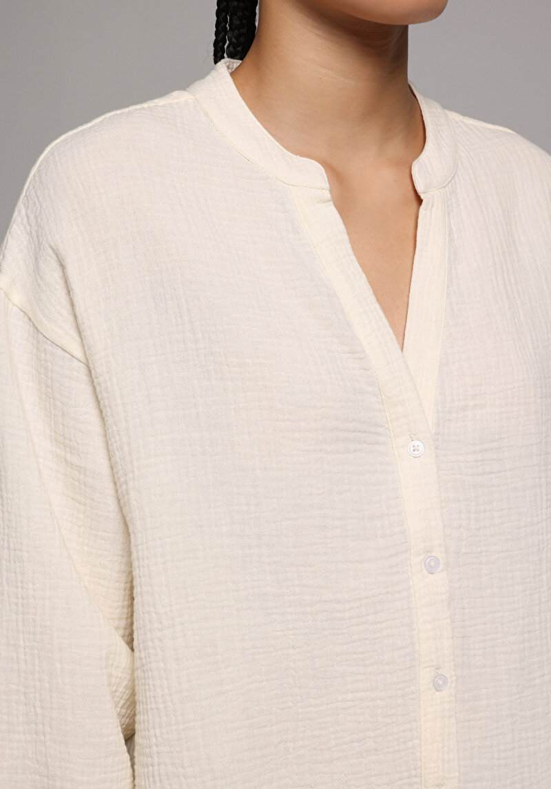 Fashion Fit Yuvarlak Yaka Düz Kadın Sari Uzun Kol Gömlek