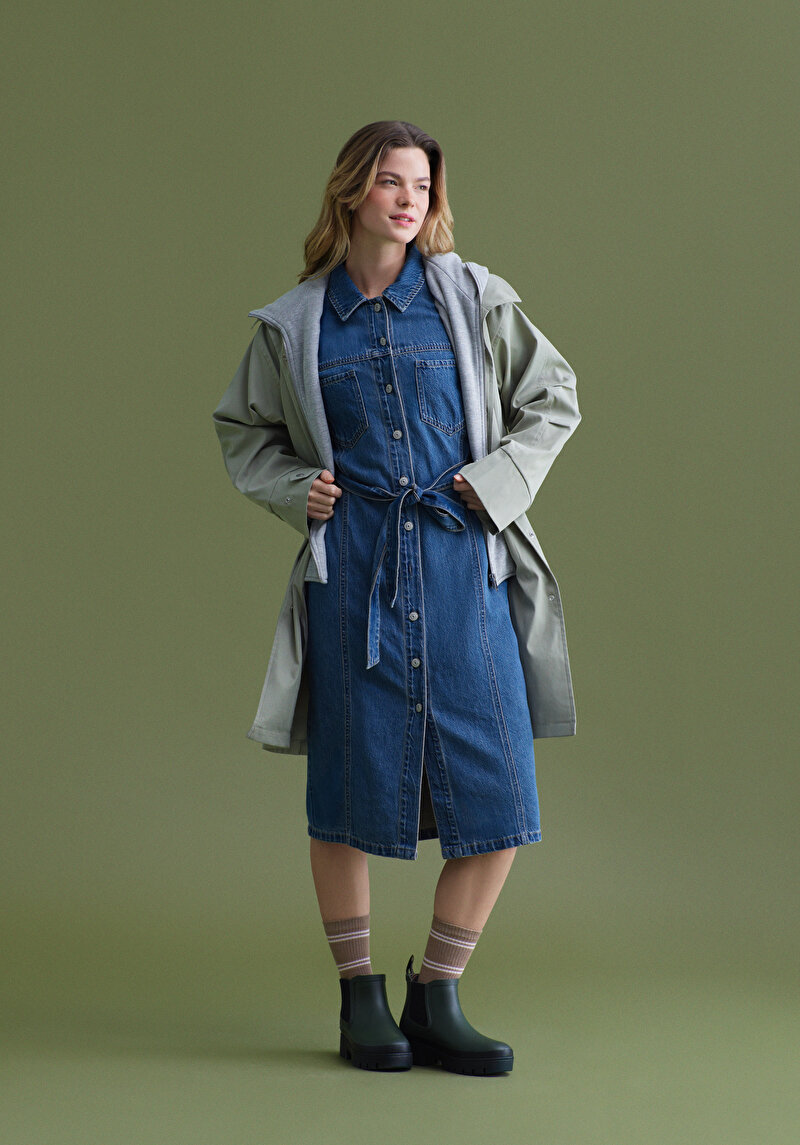 Slim Fit Düz Kadın Mavi Uzun Kol Elbise