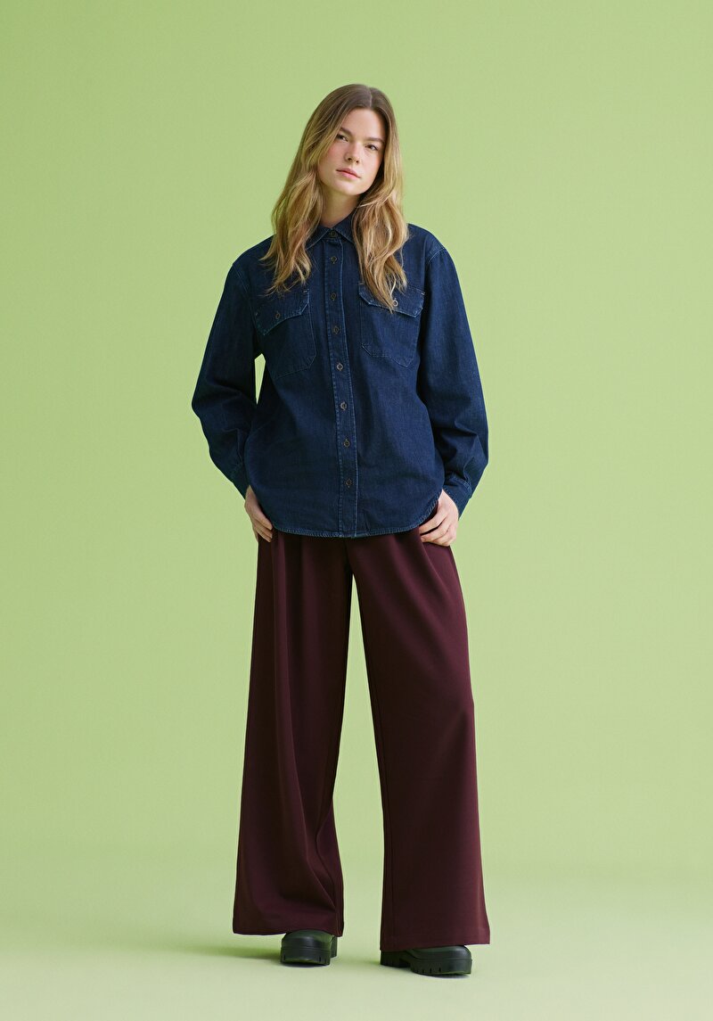 Regular Fit Yüksel Bel Geniş Paça Kadın Bordo  Pantolon