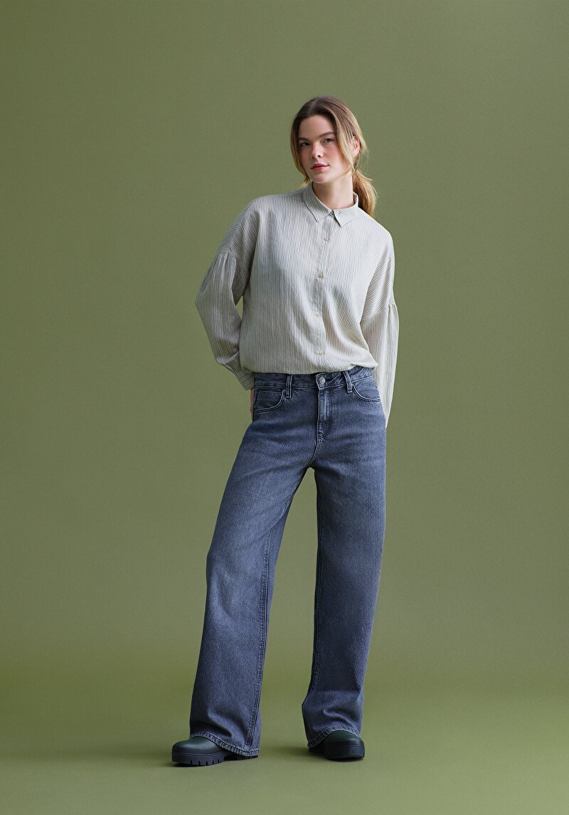 Fashion Fit Shirt Neck Çizgili Kadın Bej Uzun Kol Gömlek