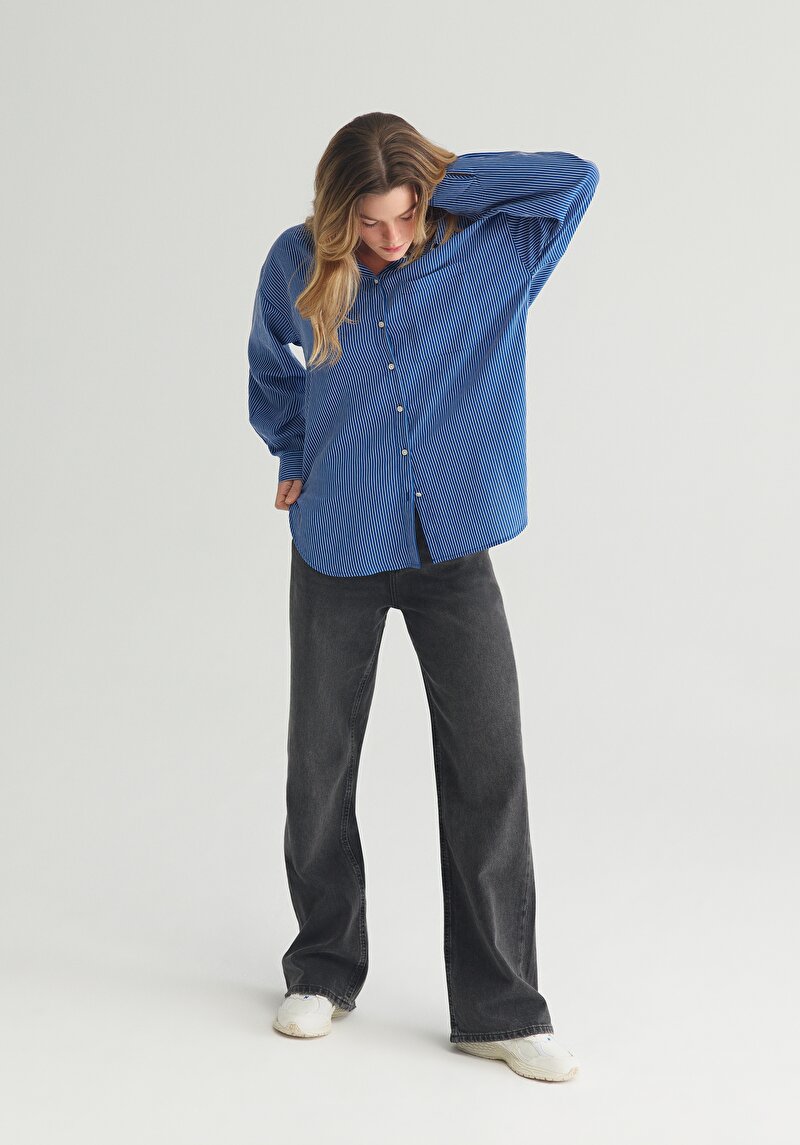 Fashion Fit Shirt Neck Çizgili Kadın Mavi Uzun Kol Gömlek