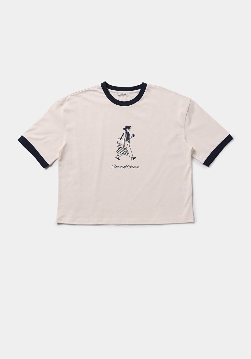 Regular Fit Yuvarlak Yaka Baskılı Kadın Ekru Kısa Kol Tişört