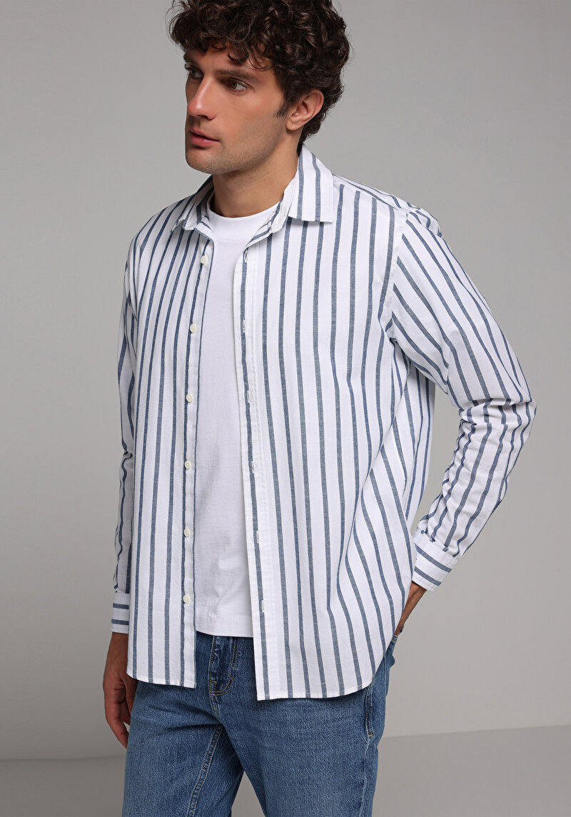 Regular Fit Shirt Neck Çizgili Erkek Mavi Uzun Kol Gömlek