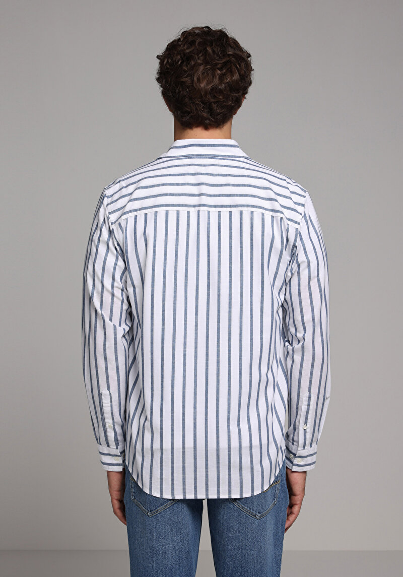 Regular Fit Shirt Neck Çizgili Erkek Mavi Uzun Kol Gömlek