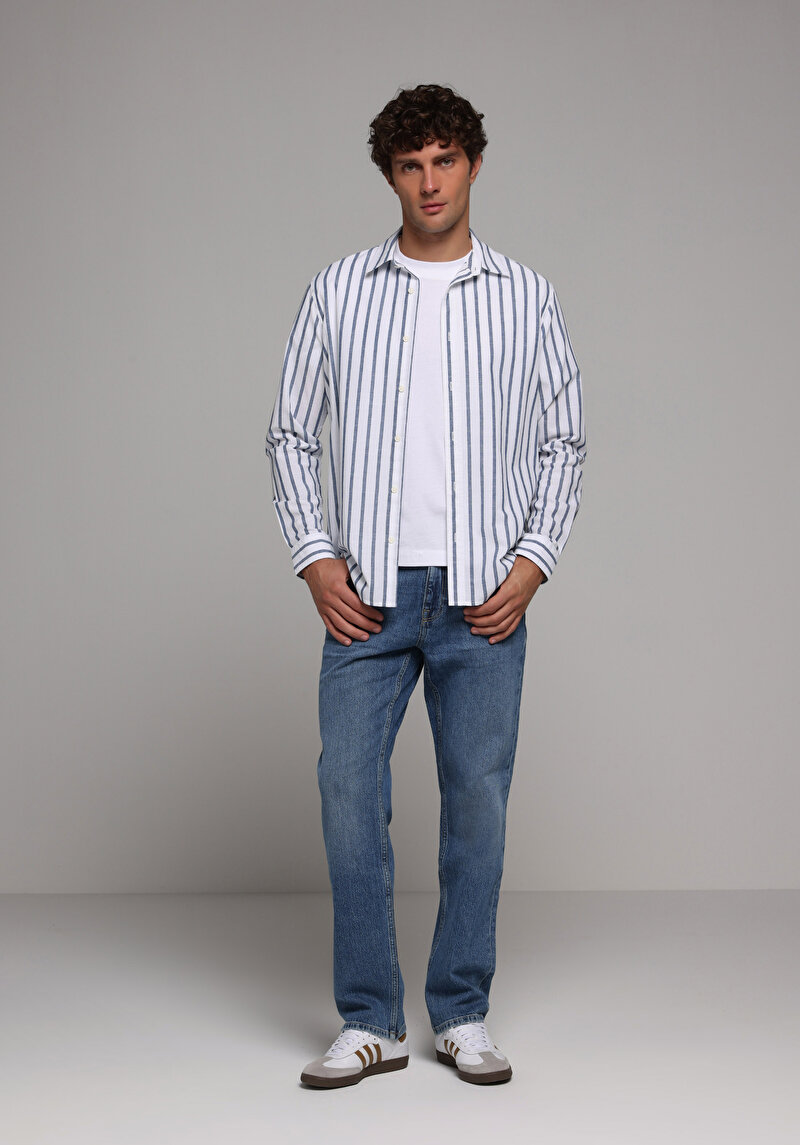 Regular Fit Shirt Neck Çizgili Erkek Mavi Uzun Kol Gömlek
