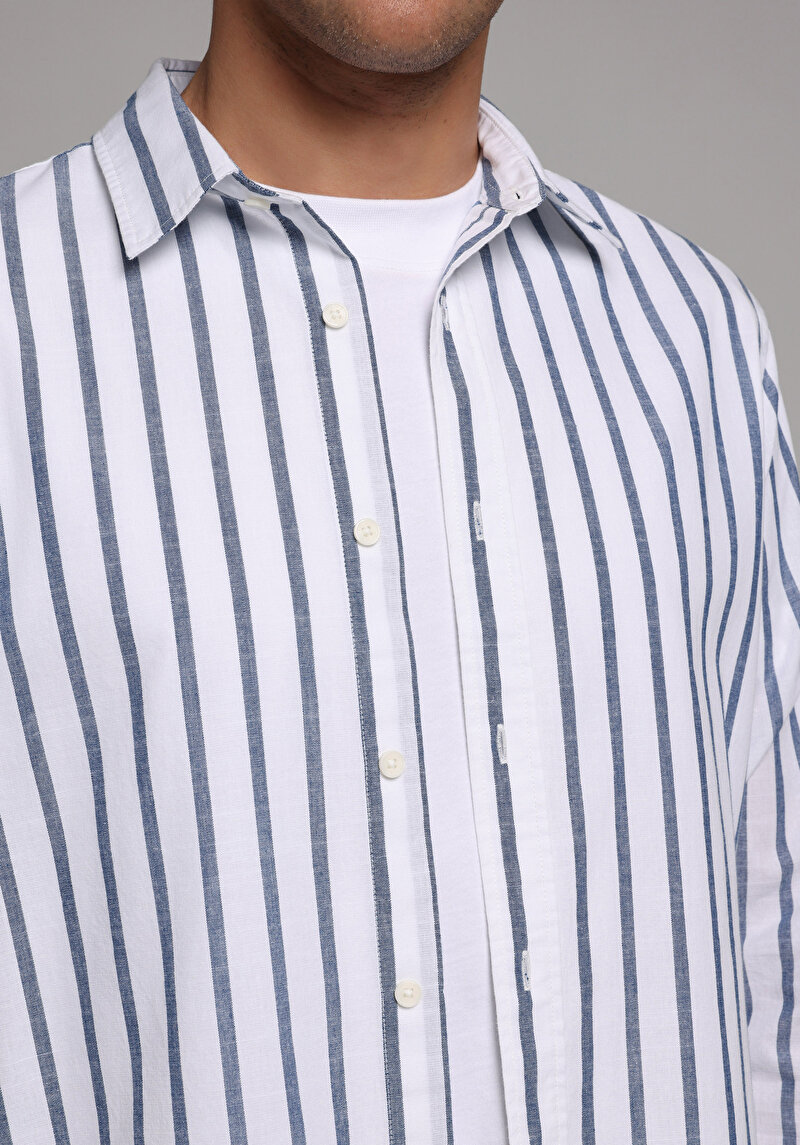 Regular Fit Shirt Neck Çizgili Erkek Mavi Uzun Kol Gömlek