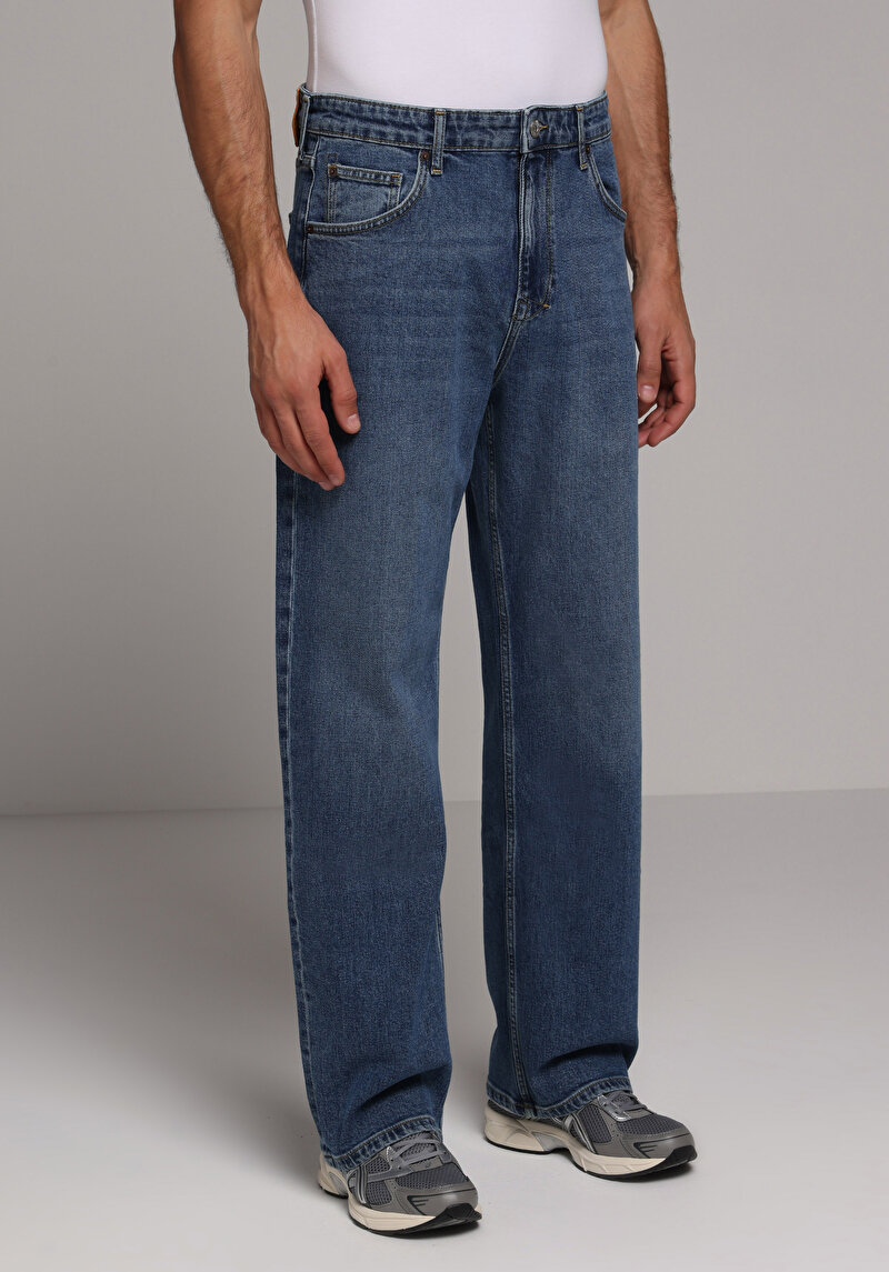 Relaxed Fit   Erkek Mid İndigo Denim Jean Pantolon